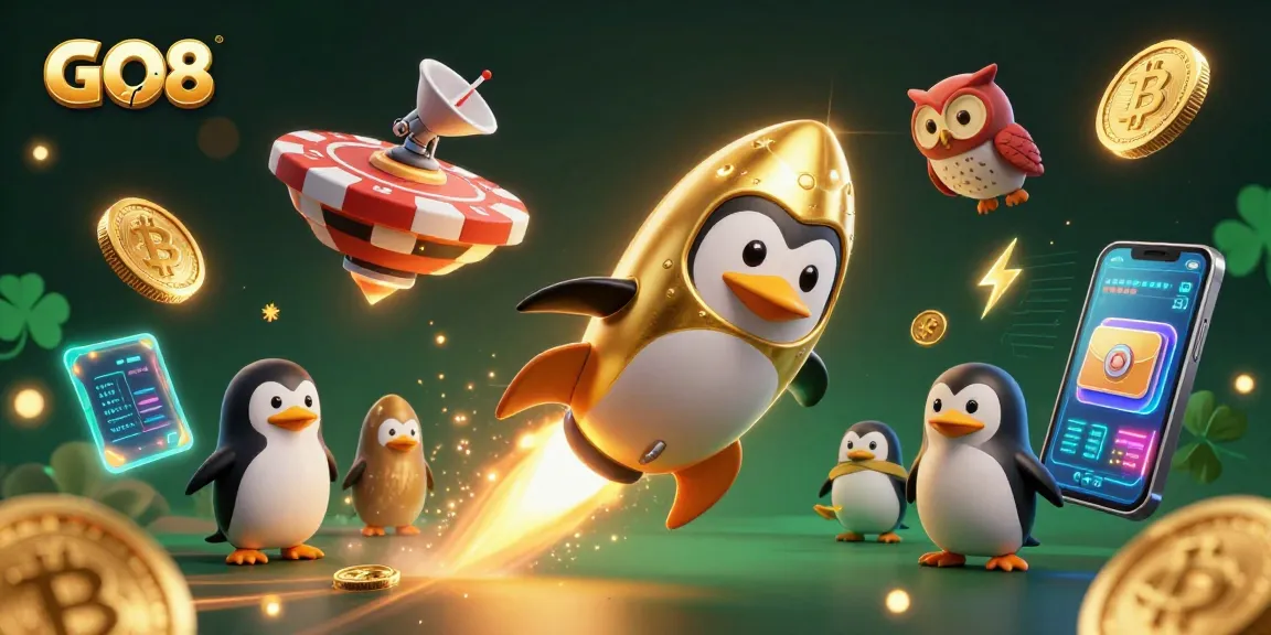 Join the action at GO8 with a golden penguin racing towards a jackpot-rich casino, surrounded by crypto coins and vibrant game elements.