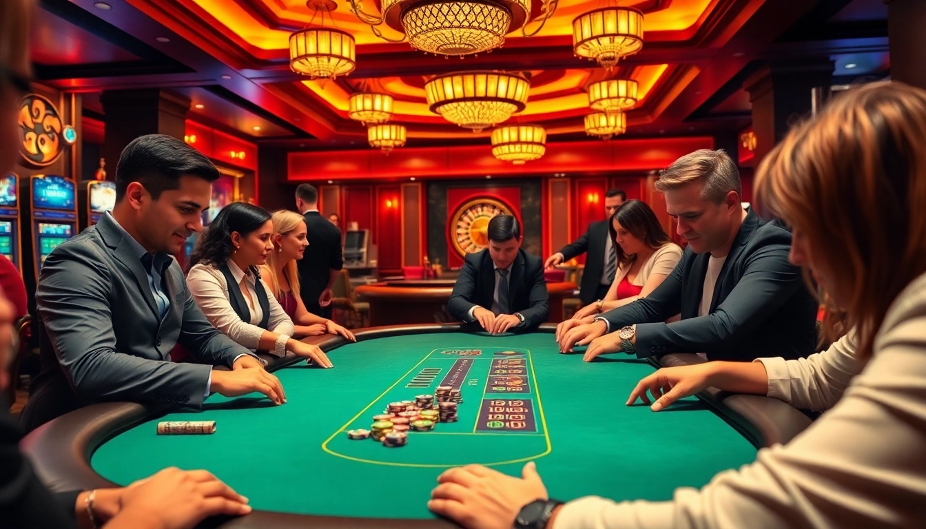 A high-stakes poker game at 78win with professionals surrounded by vibrant casino elements.