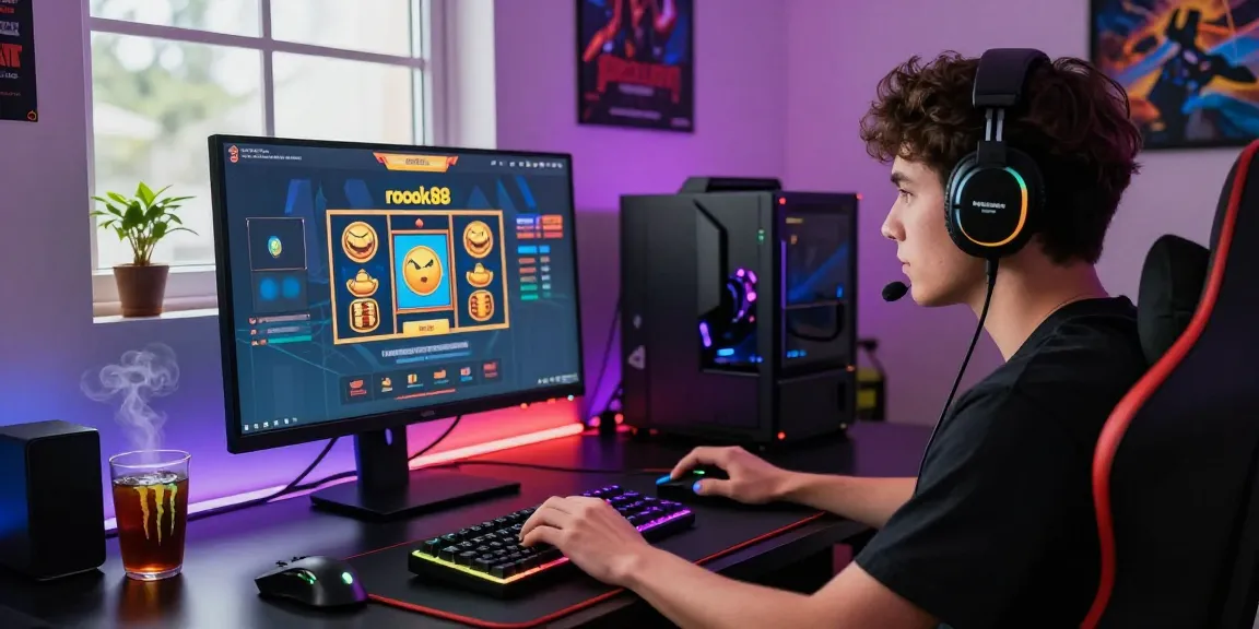 Engaged player with rokok88 slot login on colorful gaming monitor in dynamic setup.