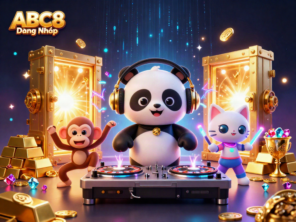 Engage with ABC8 Đăng Nhập in this vibrant casino party scene, featuring fun characters and gold treasures.