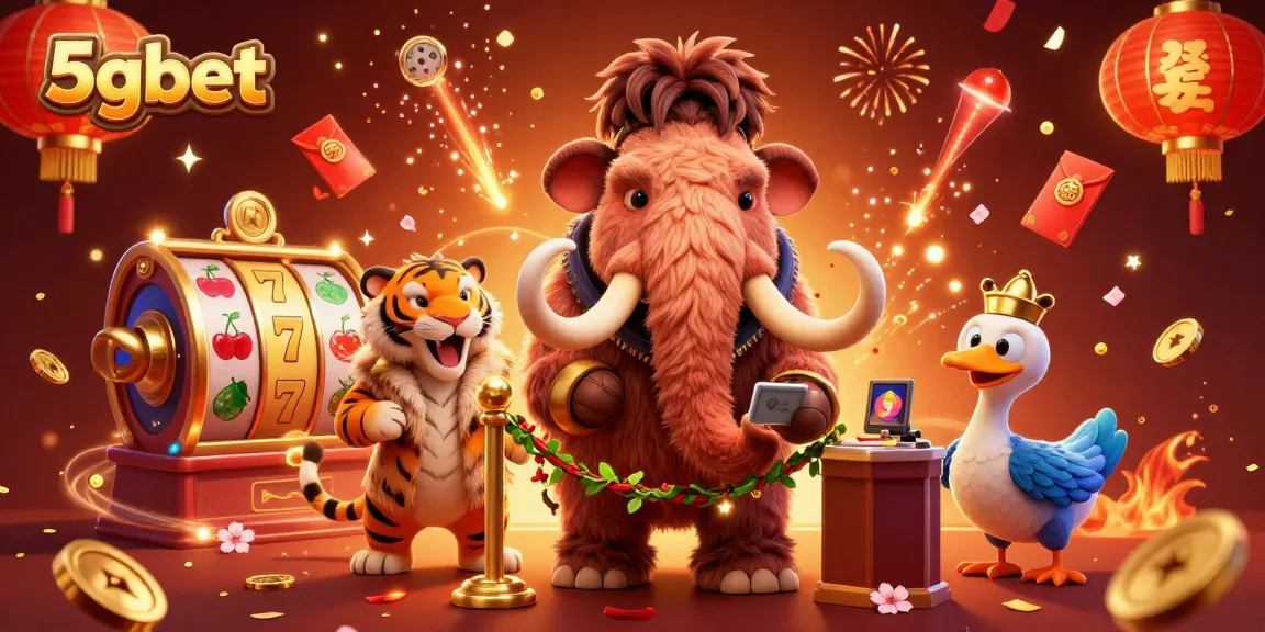 Experience the excitement of 5gbet with vibrant slot reels and animated casino characters in a lively scene.