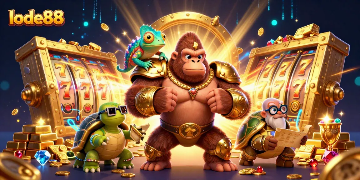 Lode88 showcases a powerful gorilla king with dynamic slots and treasure in a vibrant scene.