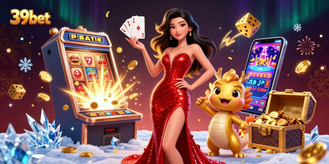 Engage with 39bet's vibrant casino atmosphere featuring an elegant woman, dragon mascot, and dynamic gaming elements.