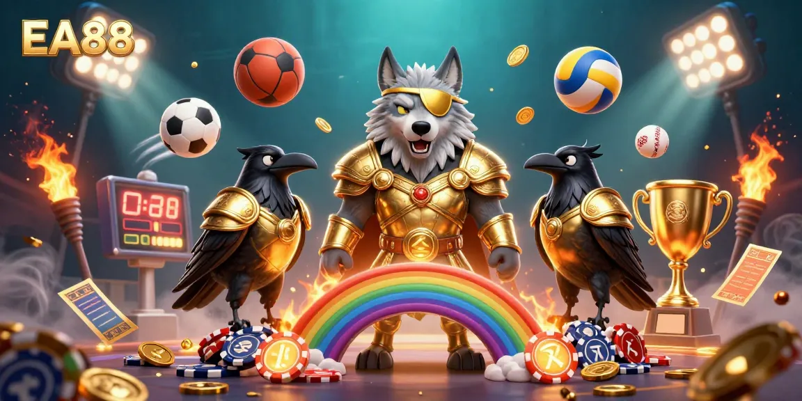 Witness EA88's vibrant casino scene with Odin and ravens amid flying sports items and glowing treasures.