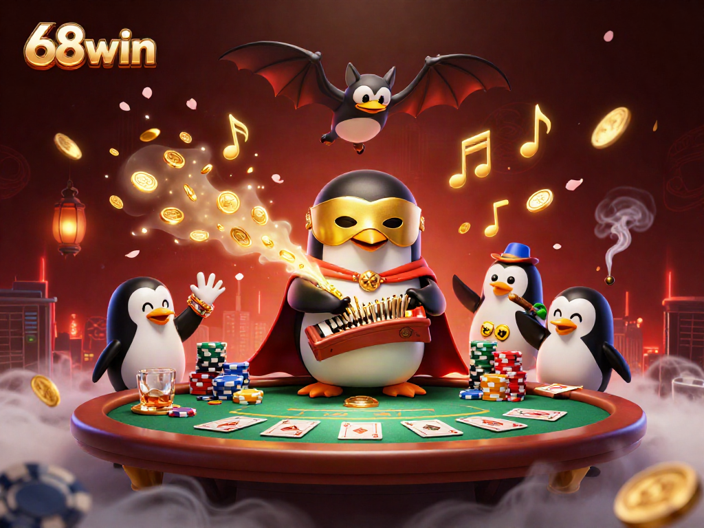 Engage with 68win as a phantom opera penguin celebrates gambling wins amid coins and poker action.