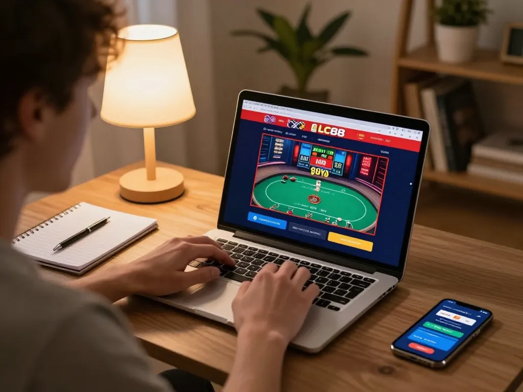 Engaged player enjoying LC88 online casino on laptop with strategy notes.