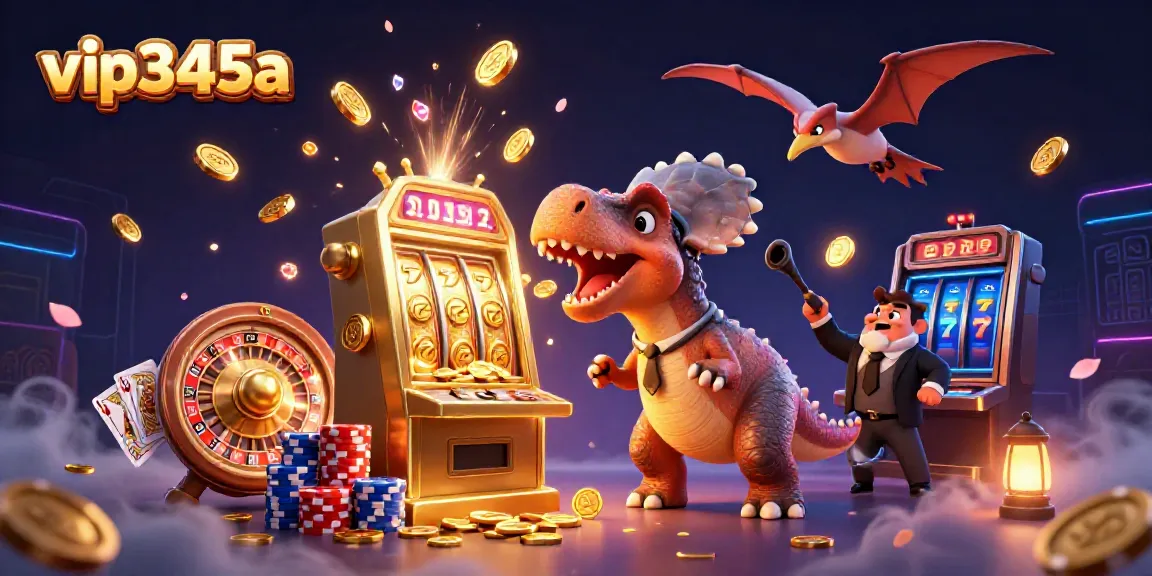 Catching flying coins at vip345a with a playful dinosaur and a golden slot machine.