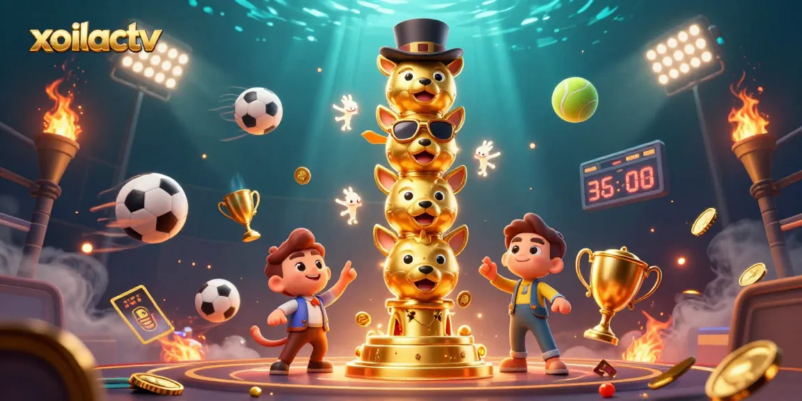 Xoilactv showcases an ultra-detailed 3D illustration featuring dynamic sports elements like soccer and basketball.