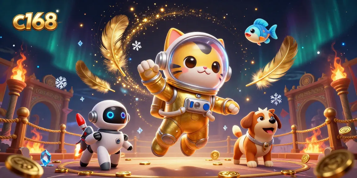Experience thrilling action with c168 as a cat astronaut and robot dog navigate a vibrant cosmic casino scene.