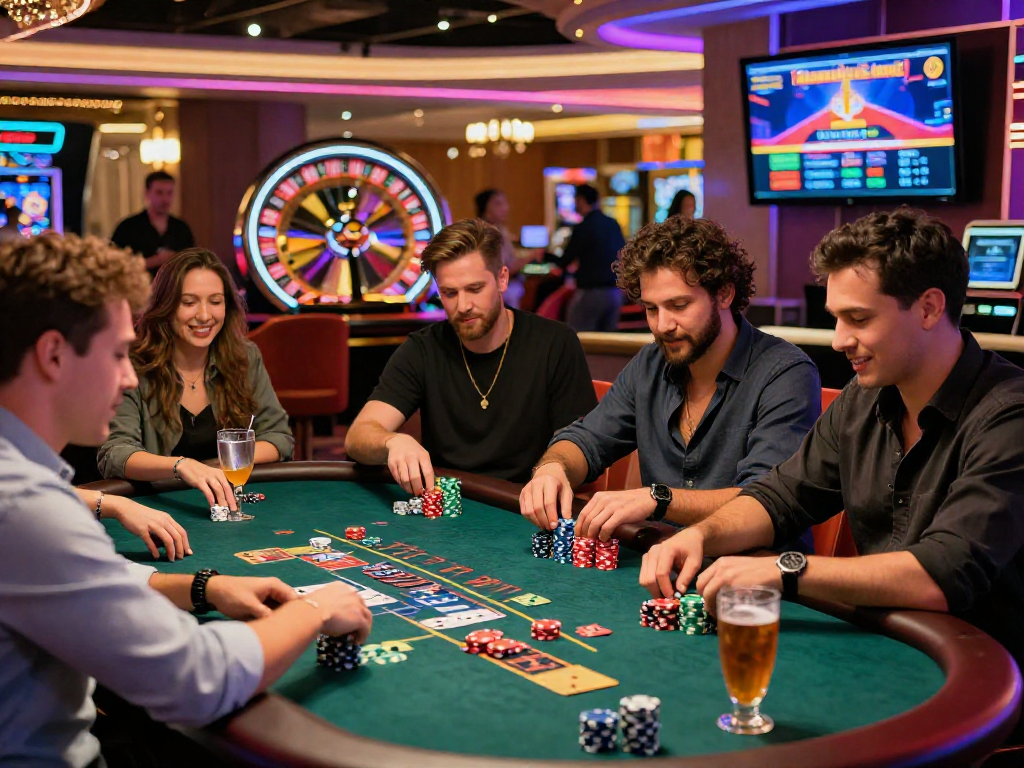 Exciting gaming scene at https://vin88-casino.games/ with players enjoying blackjack under vibrant neon lights.
