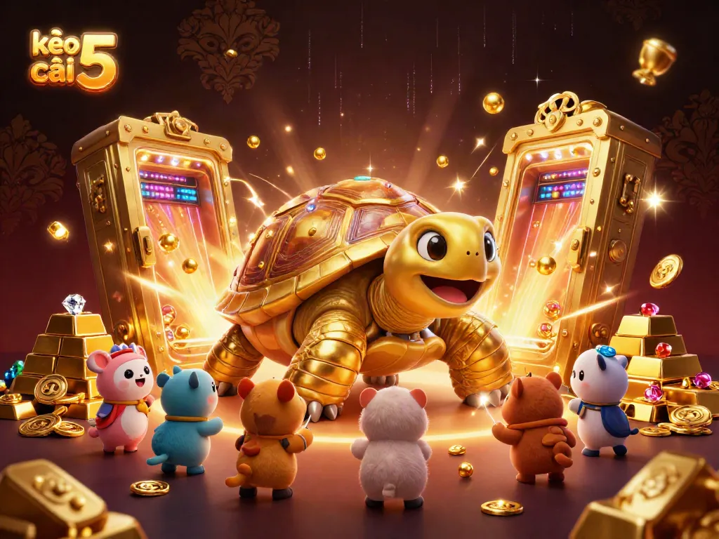 Engage with thrilling gameplay on kèo nhà cái 5, showcasing a vibrant 3D scene of a colossal golden tortoise pinball machine.
