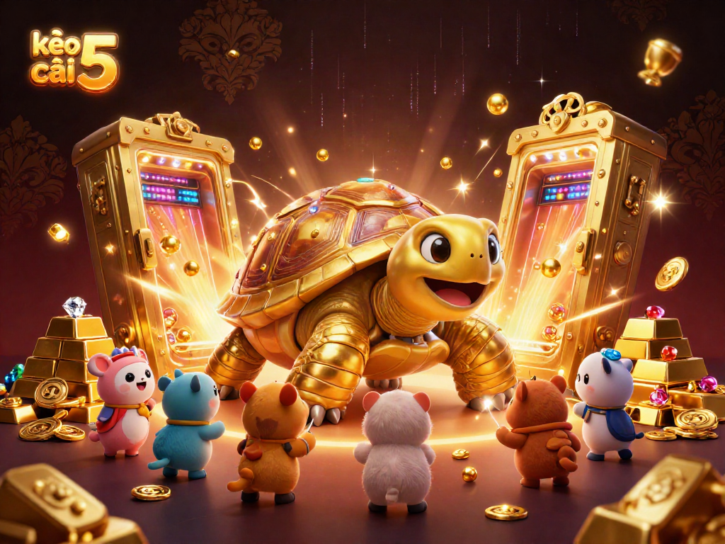 Engage with thrilling gameplay on kèo nhà cái 5, showcasing a vibrant 3D scene of a colossal golden tortoise pinball machine.