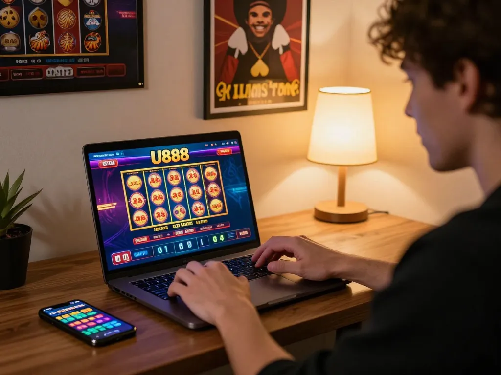 Player enjoying U888 online casino gaming at home with laptop and smartphone, strategic gameplay setup.