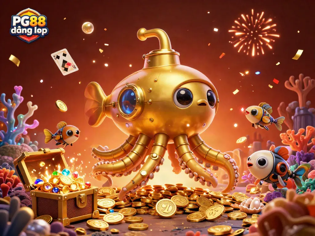 Experience thrilling gameplay with PG88 đăng nhập featuring golden kraken submarine amidst treasure.