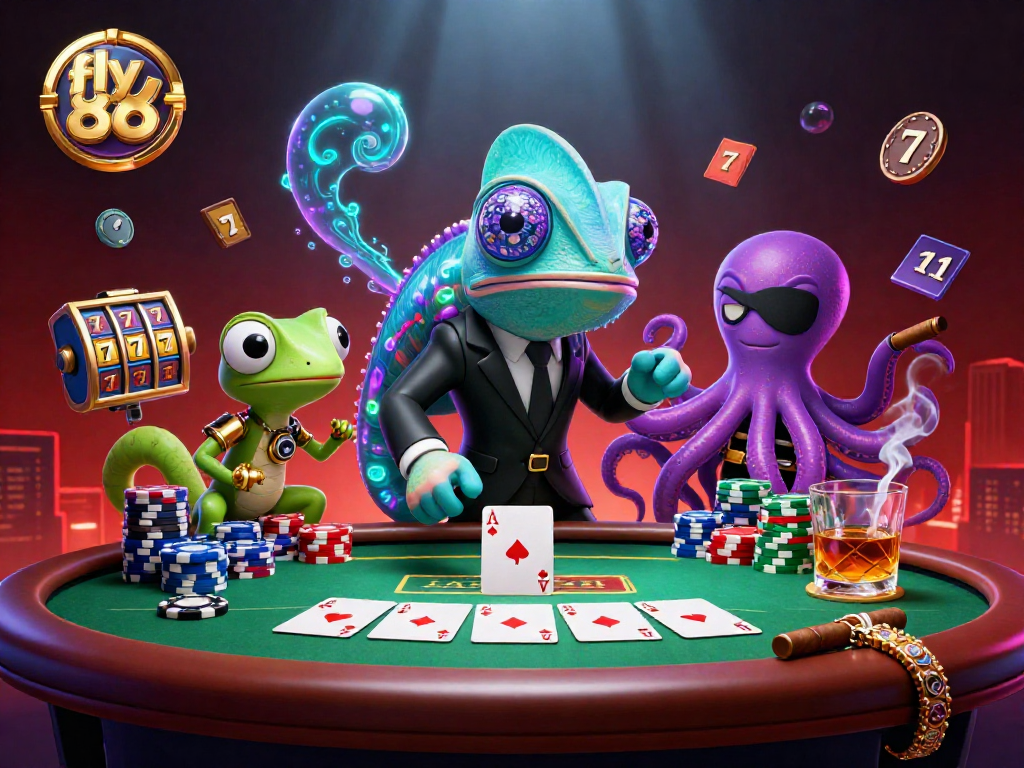 Experience fly 88 with a thrilling 3D casino scene featuring colorful poker chips, cards, and edgy characters.