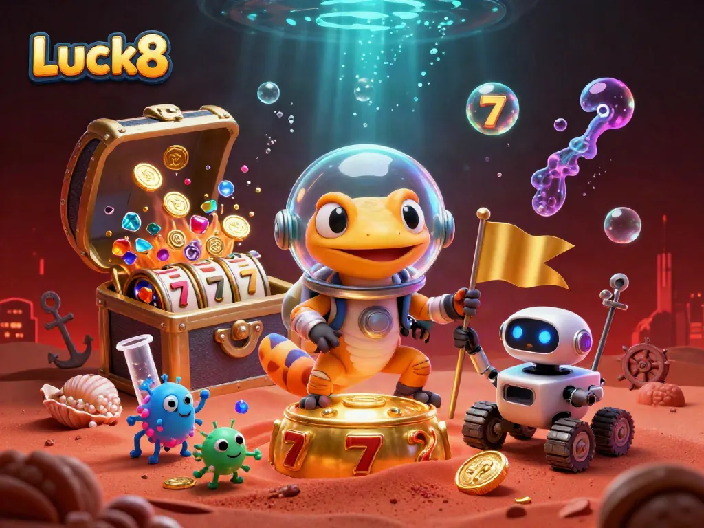 Luck8 Martian gecko exploring a golden casino, bursting with slots and vibrant gems