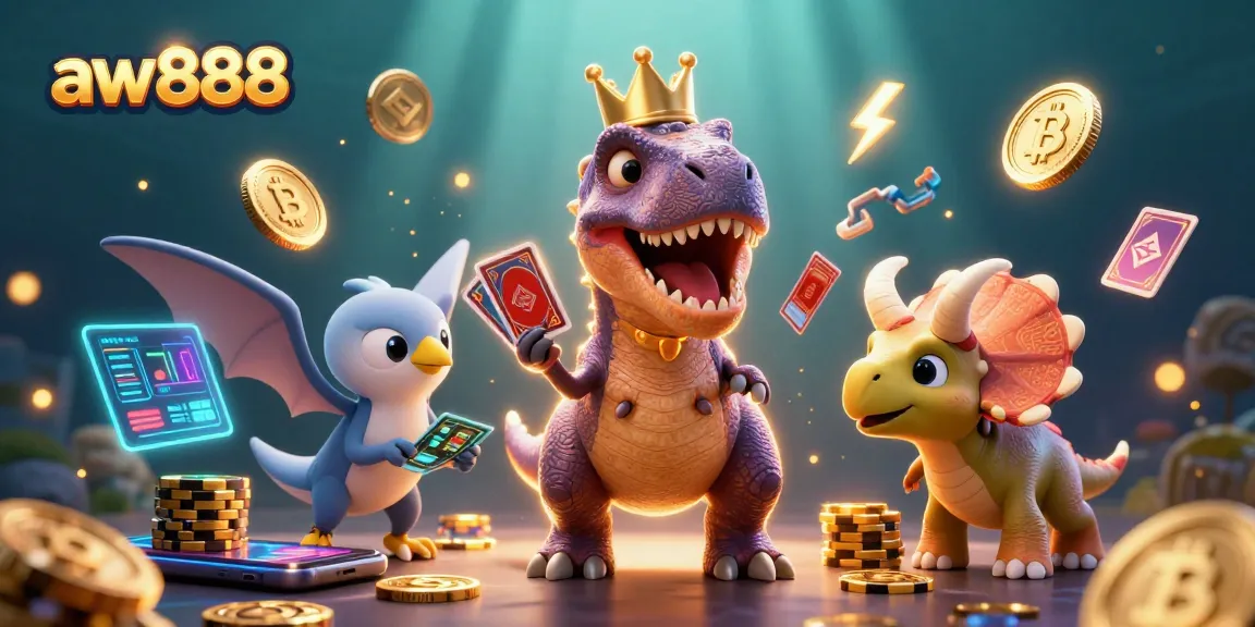 Play exciting games at aw888 with a friendly T-Rex, pterodactyl, and triceratops amidst vibrant casino elements.