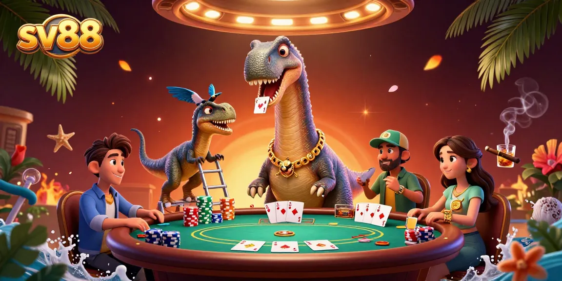 Engage in poker action at sv88 with a giant dinosaur and dealer raptor in a vibrant casino scene.