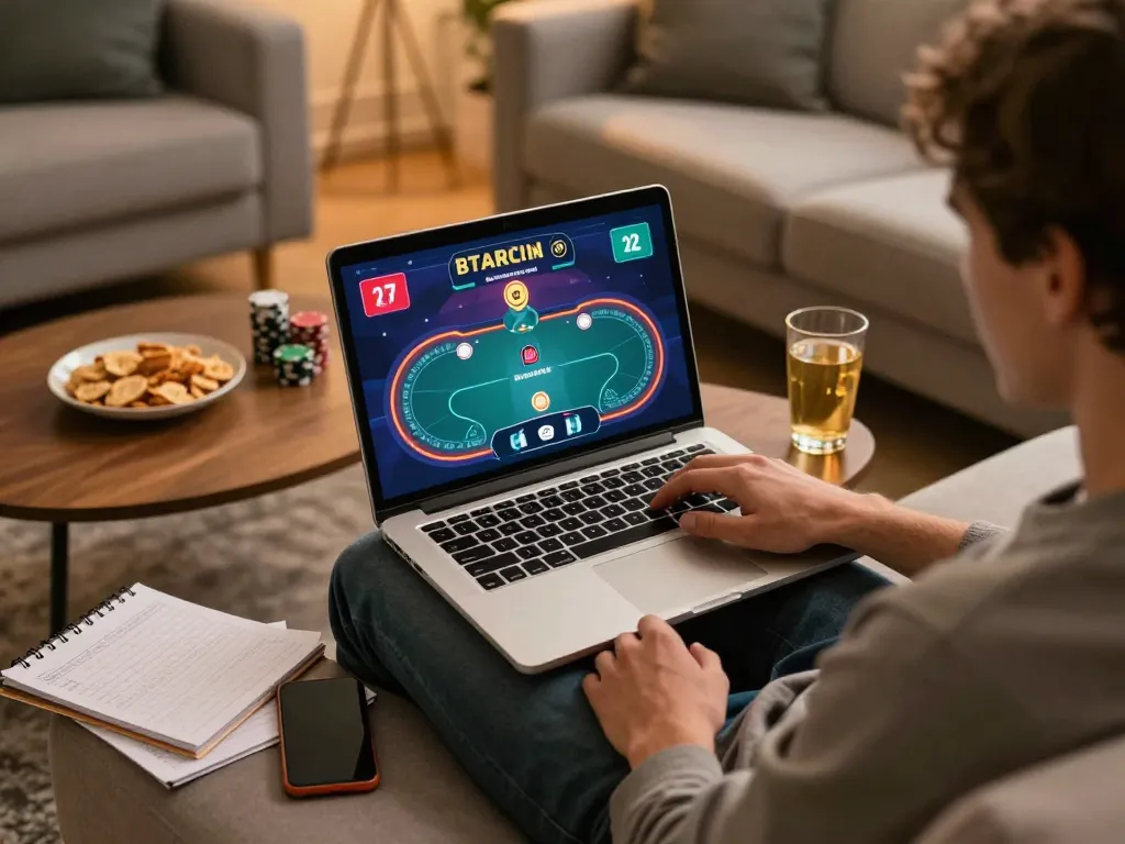 Player engaging in online poker gaming with va88 on laptop, showcasing a strategic and social casino environment.