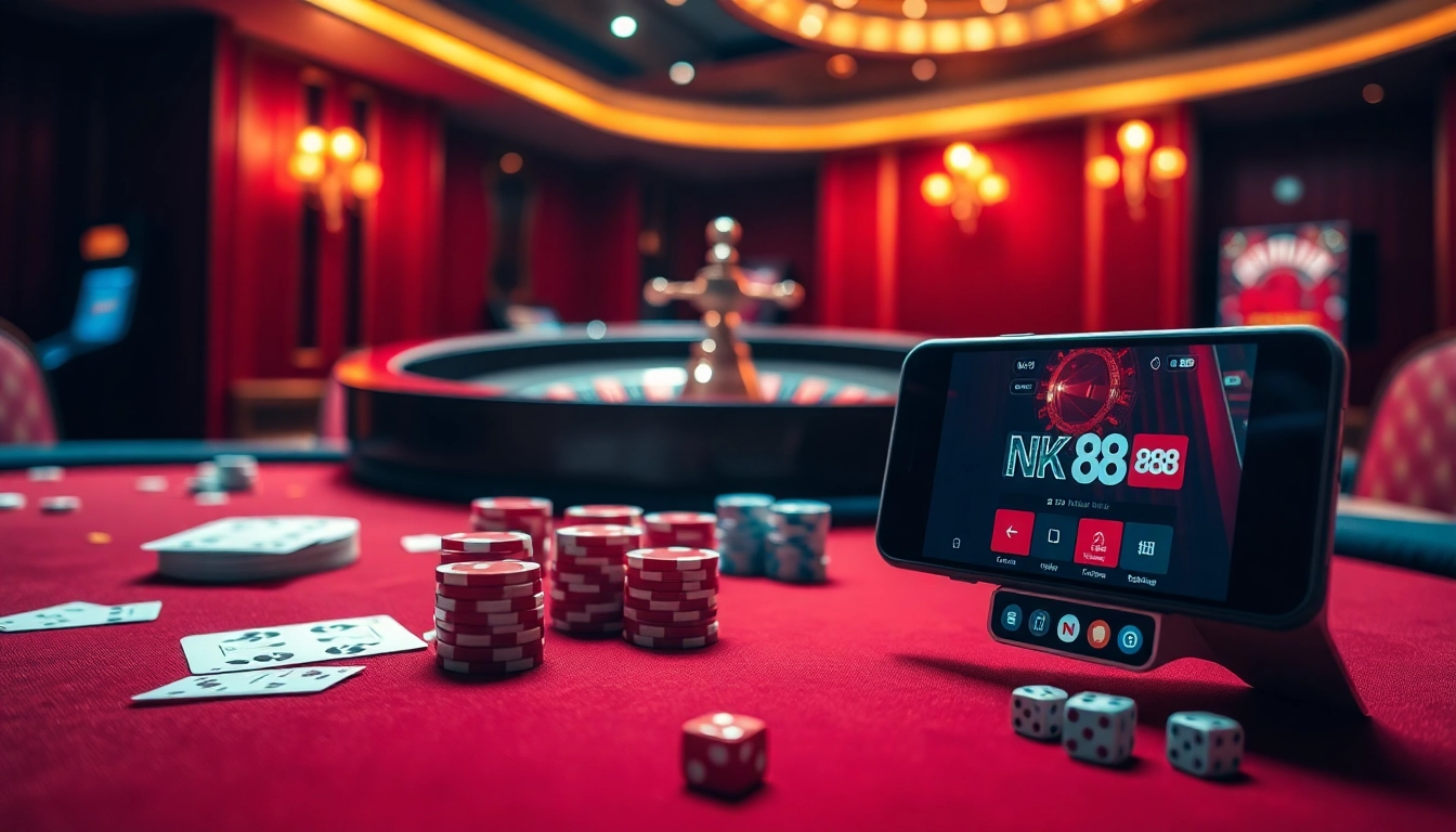 Experience thrilling online gambling with NK88 on a luxurious casino table.