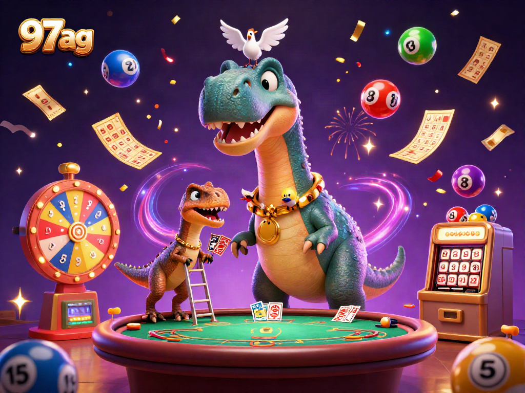 Engage in casino fun with 97ag's playful brontosaurus amidst colorful lottery elements and sparkling confetti.