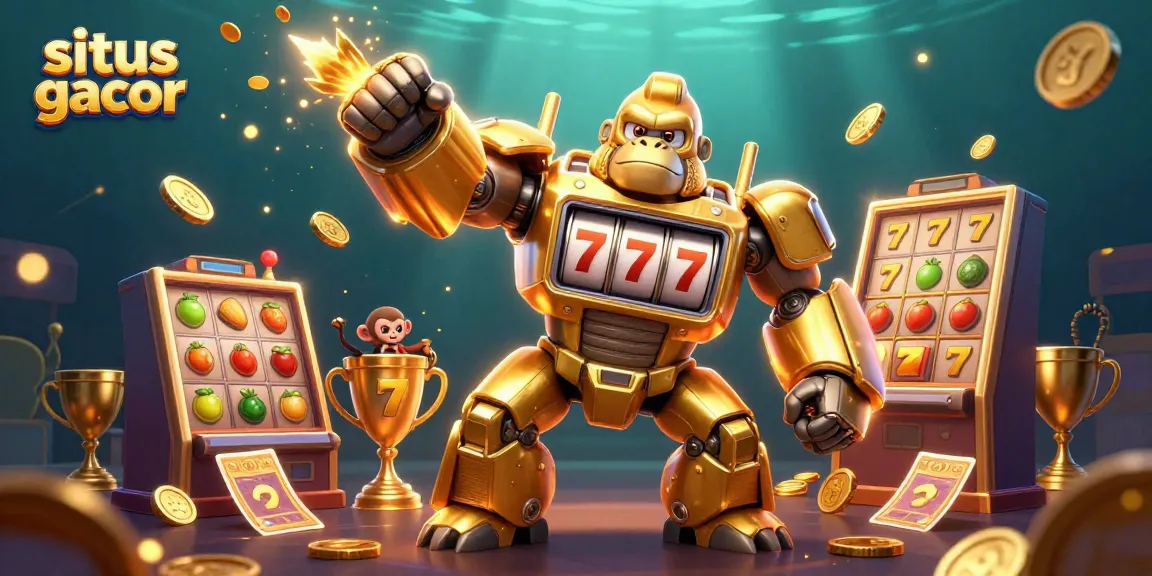A captivating scene depicting a situs gacor theme with a golden gorilla mech and dynamic slot elements, illustrating winning excitement.