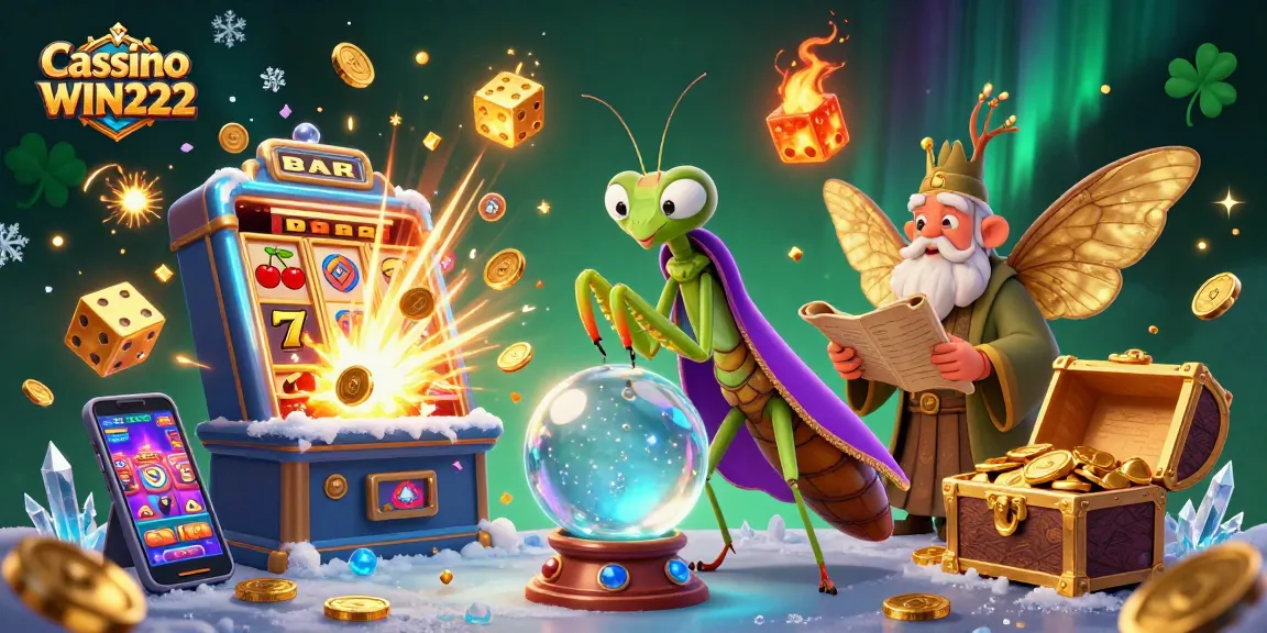 Cassino WIN222: Experience the animated fortune teller, surrounded by casino elements and a vibrant atmosphere.