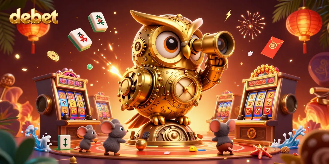 Experience debet's vibrant casino ambiance with a dynamic owl and mouse patrons among slot reels.