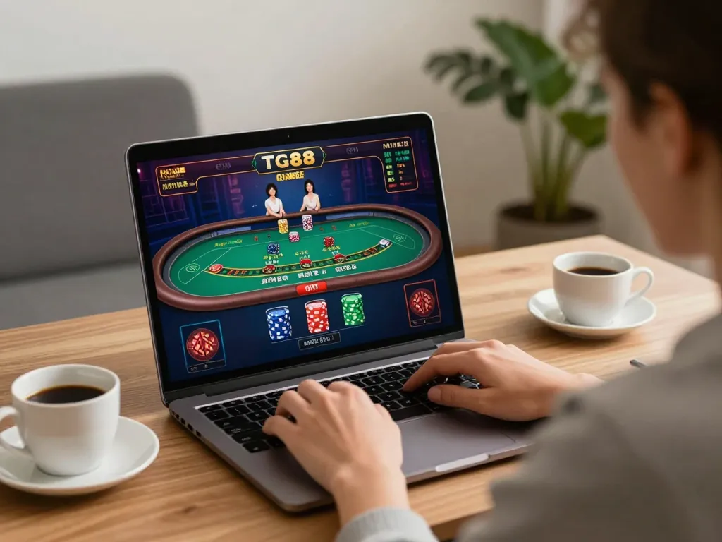TG88 player engaging strategically in online blackjack gameplay from home.