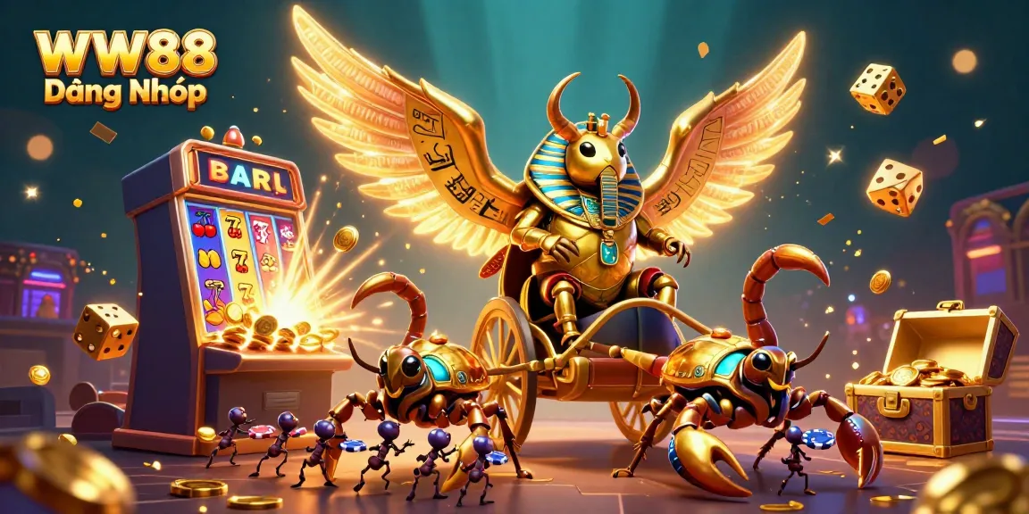 Experience the thrill of WW88 Đăng Nhập with this vibrant, dynamic casino illustration featuring golden scarabs and slot machines.
