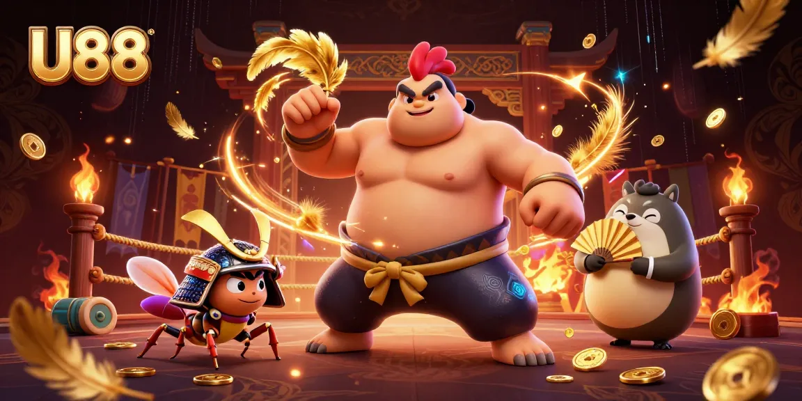 U88 engages players in a thrilling fighting arena featuring a sumo wrestler rooster and samurai cricket amidst vibrant casino elements.
