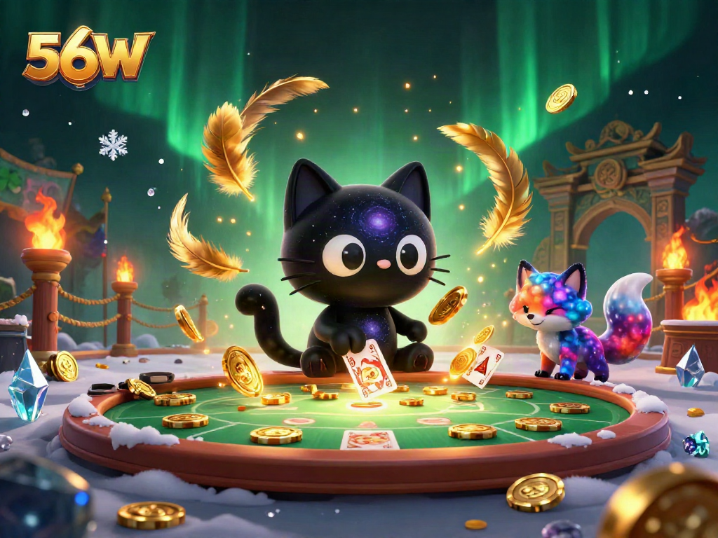 Engage with 56W at a cosmic casino where a black hole cat captures golden chips amid vibrant gaming elements.