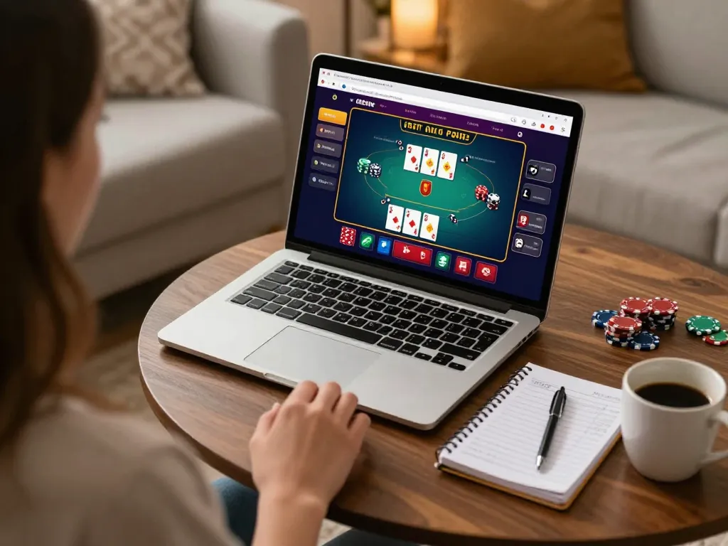 Engaging in blackjack at nk88 while managing bankroll notes in a cozy home setting.