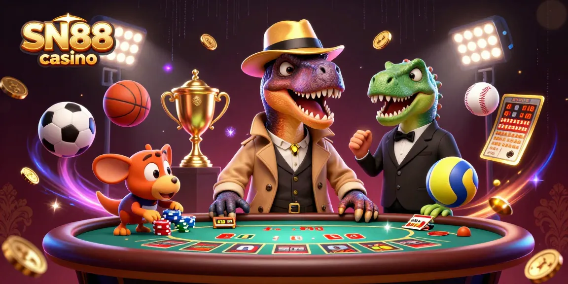 Witness the action at SN88 casino with a velociraptor card counter at a blackjack table surrounded by sports elements.