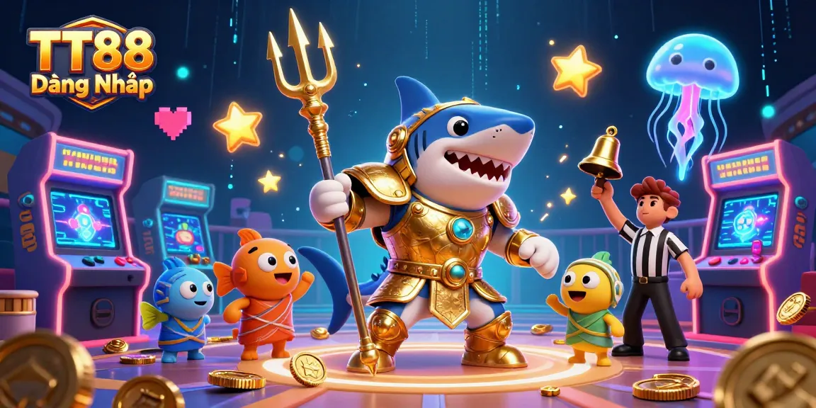 Experience TT88 Đăng Nhập with an immersive underwater scene featuring a gladiator shark and game elements.