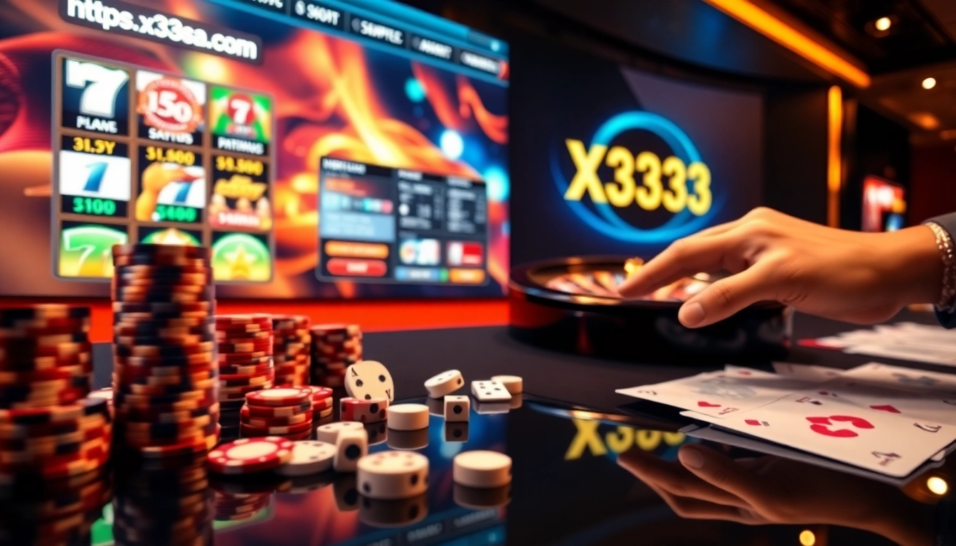 Engaging online gambling interface at https://x333.sa.com/ with spinning slot reels and poker chips