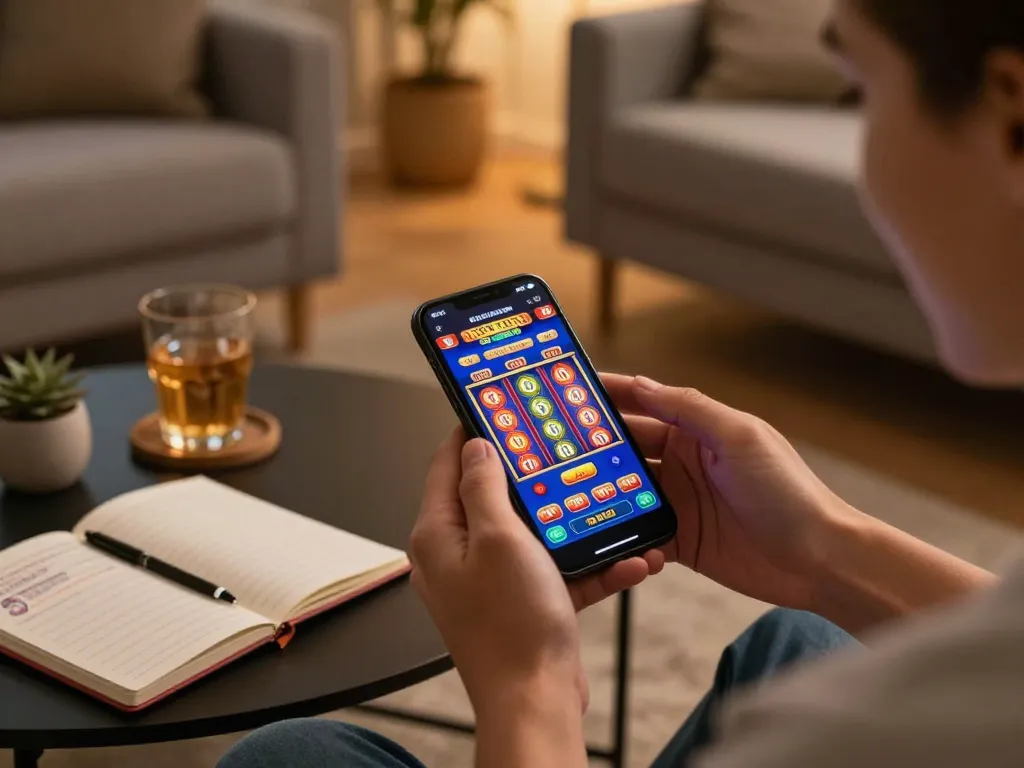 Engaged player enjoying mobile casino games on the 27G platform with vibrant slots in view.