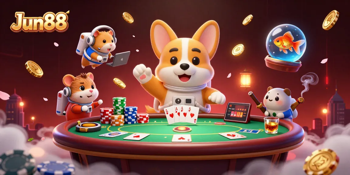 Experience Jun88 in a vibrant space casino with a corgi astronaut amid drifting poker chips and golden coins.