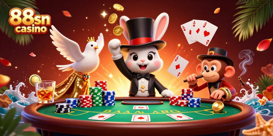 Experience the thrill of 88sn casino with a cartoon magician rabbit, dove, and monkey in a lively casino scene.