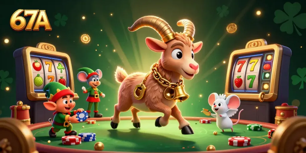 Engage with 67A's thrilling casino experience featuring festive characters in a dynamic scene.