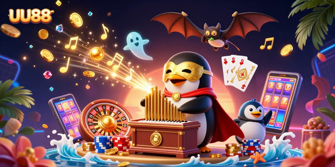 Experience thrilling gaming at UU88 with a vibrant 3D illustration of a casino scene featuring characters, coins, and slots.