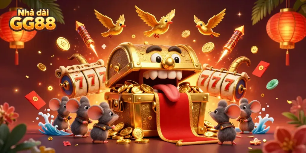 Engage with Nhà cái GG88's dynamic gaming experience featuring slot reels, a treasure chest, and vibrant casino elements.