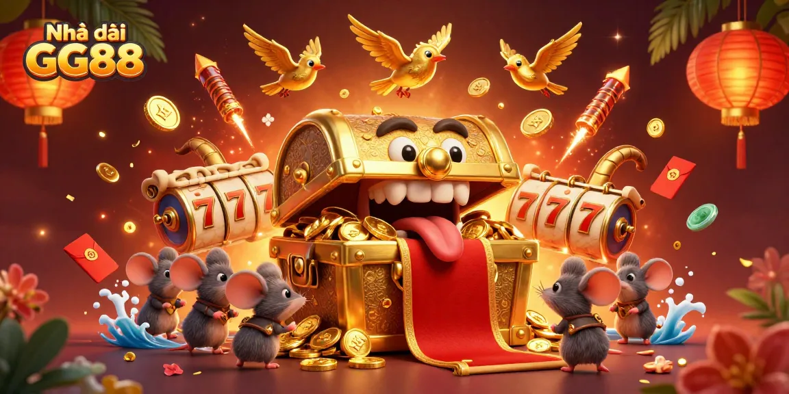 Engage with Nhà cái GG88's dynamic gaming experience featuring slot reels, a treasure chest, and vibrant casino elements.