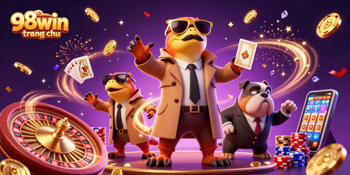 Engaging scene of 98win trang chu showcasing lively casino elements with playful raptors and a bouncer