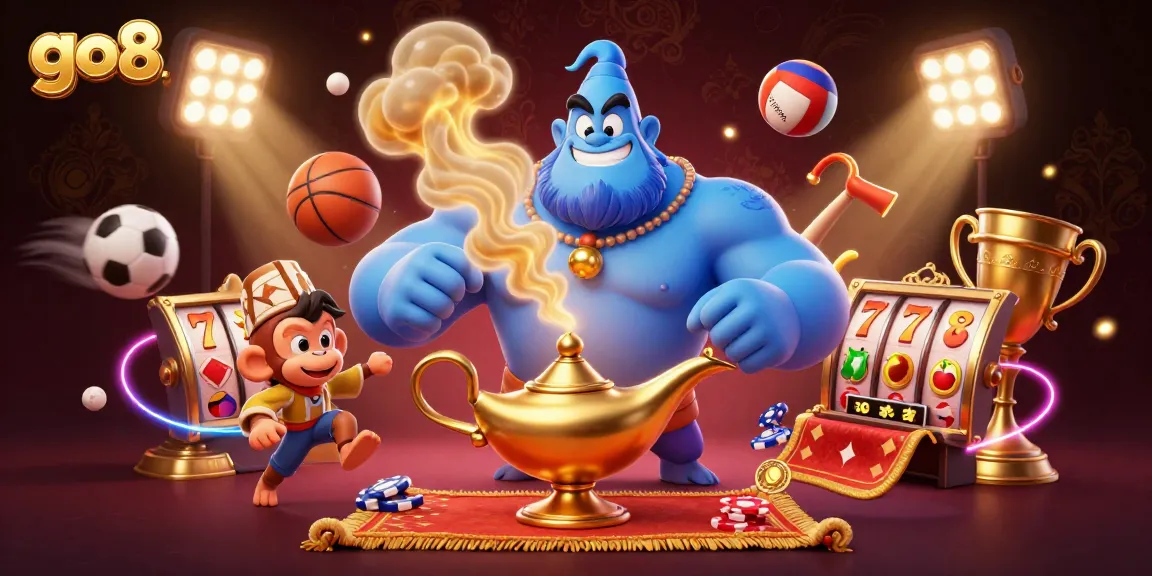 Engage with the thrilling world of go8, where a genie emerges from the lamp amidst a vibrant casino scene.