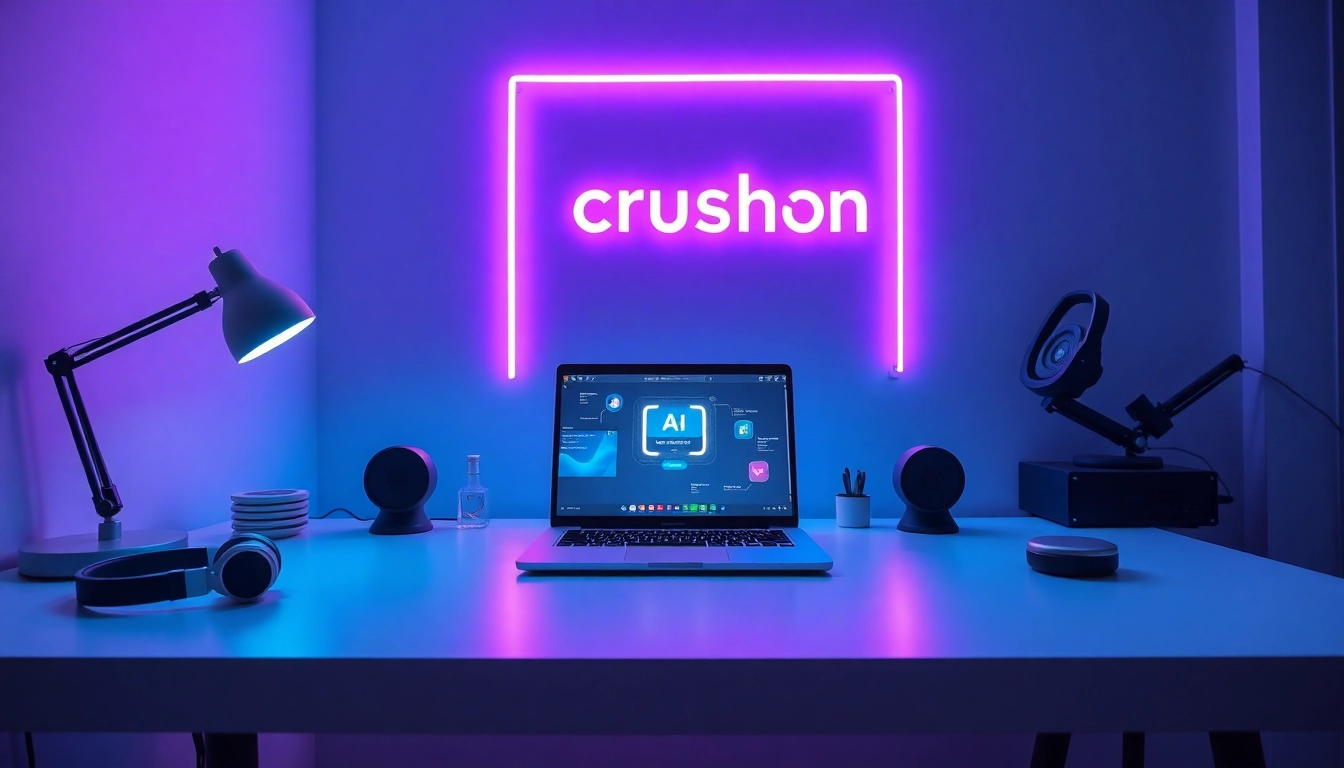 Interactive workstation showcasing Crushon AI interface in a vibrant, tech-inspired setting.