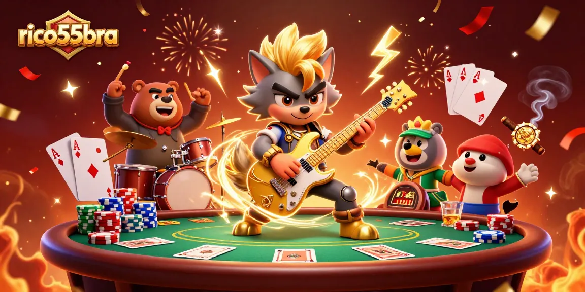 Experience thrilling action with the 3D wolf rock star at rico55bra, surrounded by colorful poker elements and dynamic casino energy.