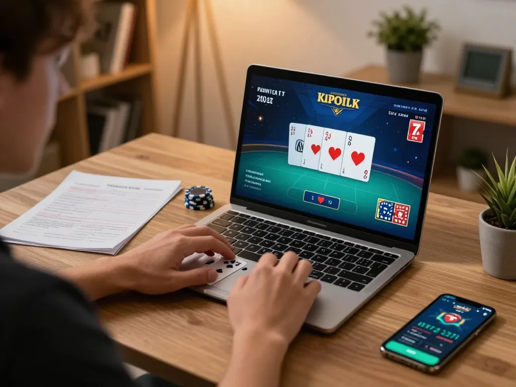 Jogoluck player strategizing during an online poker game at home with laptop and notes.