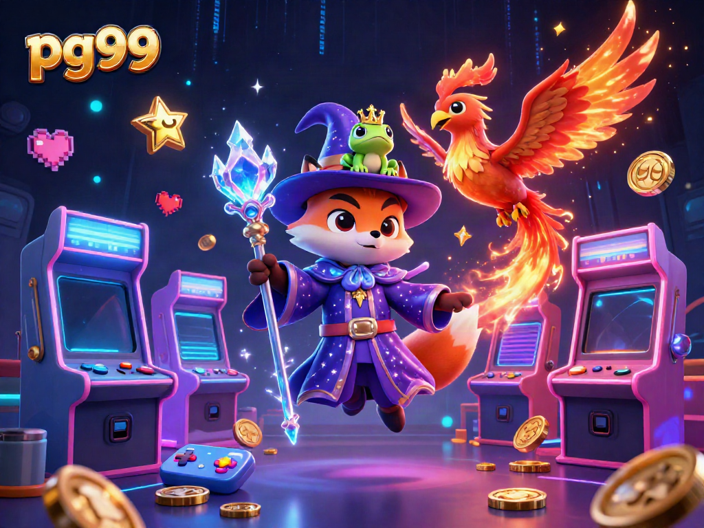 Experience winning at PG99 casino with a fantastical scene of vibrant gaming characters and elements.