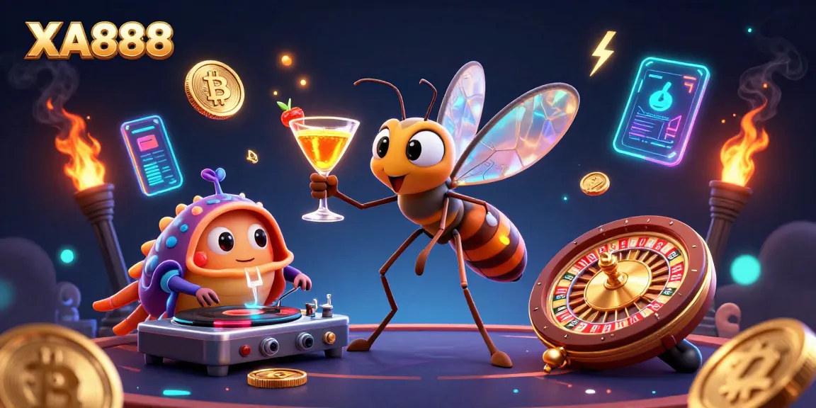 Bet on XA888 with a vibrant casino scene featuring animated characters and glowing crypto elements.